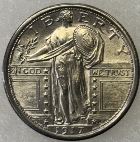 New Store Items 1917 TYPE 1 STANDING LIBERTY QUARTER – MARK-FREE UNC W/ FH BUT IMPAIRED LUSTER