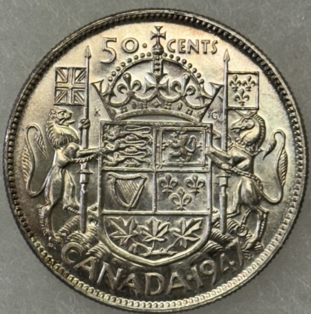 New Store Items 1947 W/ MAPLE LEAF CANADA SILVER 50C, KM-36, STRAIGHT 7 – UNCIRCULATED SCARCE!