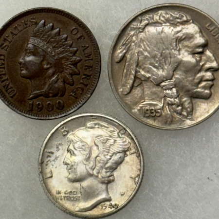 New Store Items 1900 1C, 1935-D 5C, 1940-D 10C, LOT OF 3 – HIGH GRADE EXAMPLES, 1940-D IS UNC