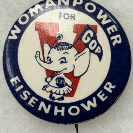 Miscellaneous 1952 EISENHOWER 1 1/2″ CELLO BUTTON, “WOMANPOWER FOR EISENHOWER” – RARE & MINT!