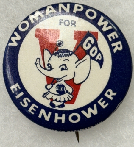 Miscellaneous 1952 EISENHOWER 1 1/2″ CELLO BUTTON, “WOMANPOWER FOR EISENHOWER” – RARE & MINT!