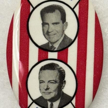 New Store Items 1960 NIXON-LODGE 3″ x 1 3/4″ OVAL CELLO JUGATE BUTTON, GRAPHIC & NICE – MINT!