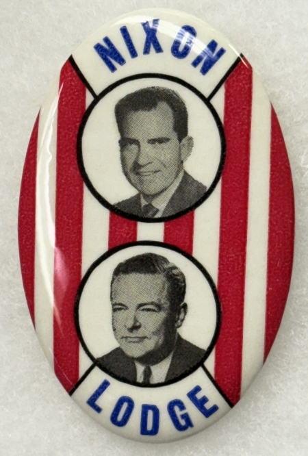 New Store Items 1960 NIXON-LODGE 3″ x 1 3/4″ OVAL CELLO JUGATE BUTTON, GRAPHIC & NICE – MINT!