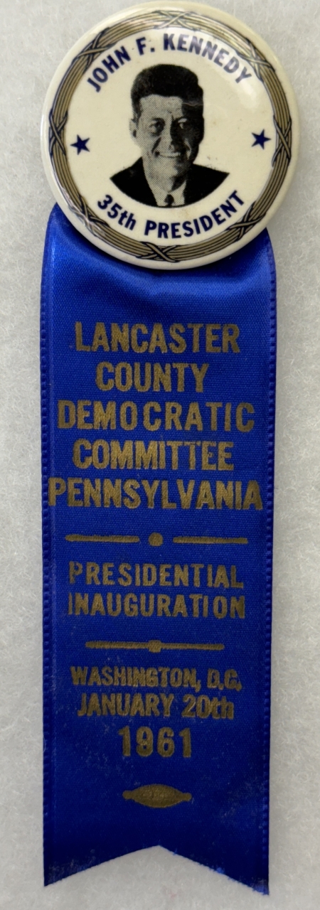 New Store Items JOHN KENNEDY 1 3/4″ CELLO BUTTON & LANCASTER CO. PA INAUGURAL RIBBON-RARE & MINT