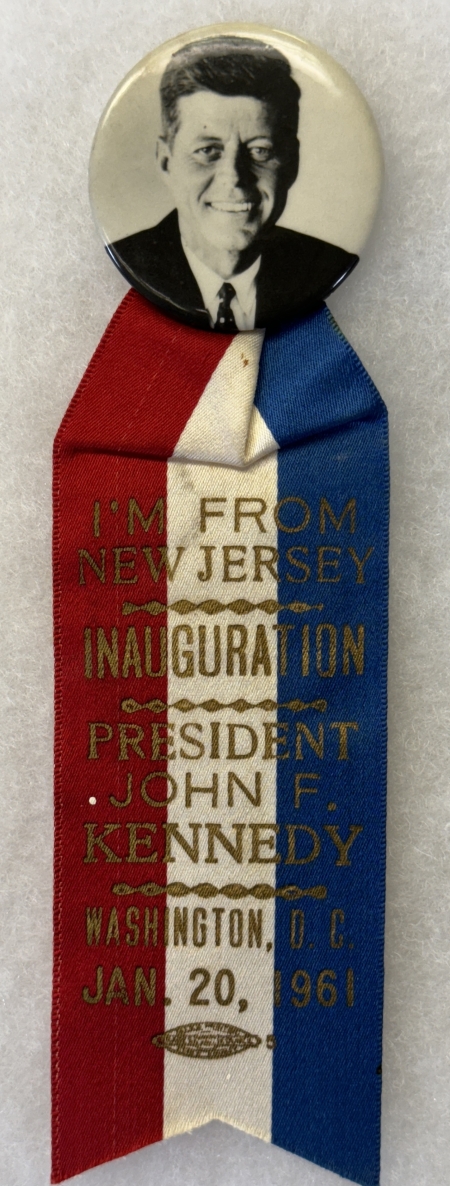 New Store Items JOHN F KENNEDY 1 3/4″ CELLO BUTTON W/ NEW JERSEY INAUGURAL RIBBON ATTACHED-MINT!