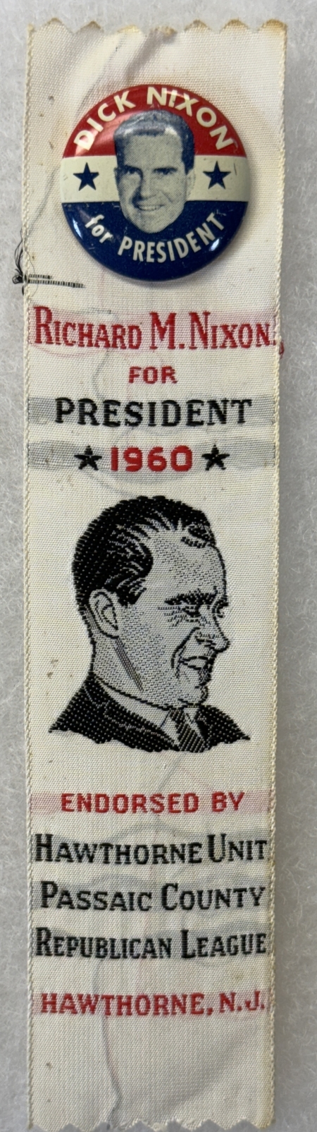 New Store Items 1960 NIXON 1″ LITHO BUTTON ON A GRAPHIC EMBROIDERED HAWTHORNE, NJ RIBBON-nr MINT