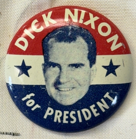 New Store Items 1960 NIXON 1″ LITHO BUTTON ON A GRAPHIC EMBROIDERED HAWTHORNE, NJ RIBBON-nr MINT