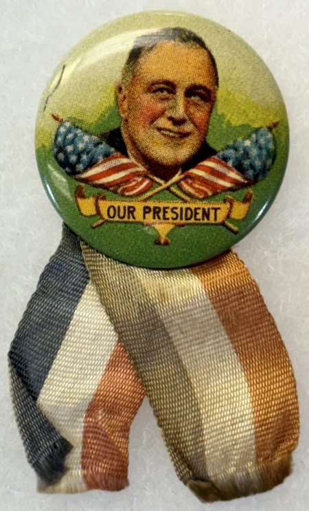 New Store Items 1936 FRANKLIN D ROOSEVELT 1 1/4″ LITHO CAMPAIGN BUTTON, MULTICOLOR W/ RIBBON EXC