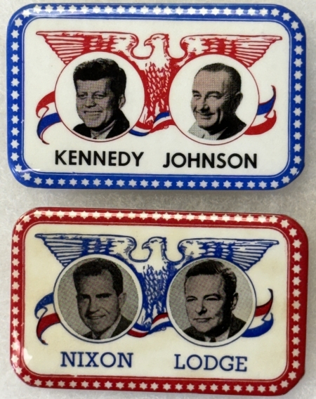 New Store Items 1960 PAIR, KENNEDY-JOHNSON & NIXON-LODGE 2 3/4″ RECTANGULAR JUGATE BUTTONS-MINT!