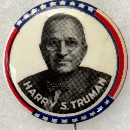 New Store Items 1948 TRUMAN 1 1/4″ CELLO CAMPAIGN BUTTON, STARS & STRIPES BORDER-TOUGH & MINT!