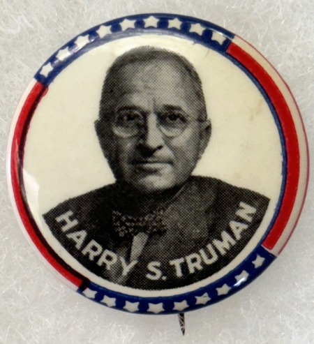 New Store Items 1948 TRUMAN 1 1/4″ CELLO CAMPAIGN BUTTON, STARS & STRIPES BORDER-TOUGH & MINT!