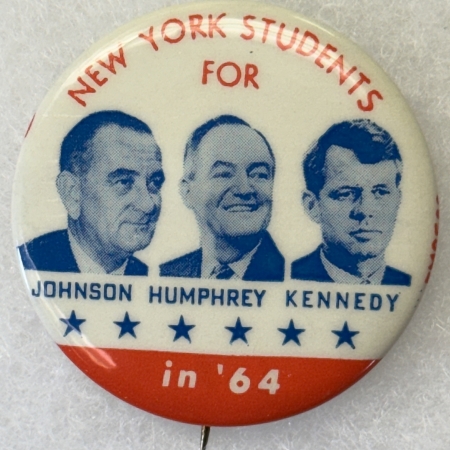 New Store Items 1964 1 3/4″ JOHNSON-HUMPHREY-BOBBY KENNEDY TRIGATE BUTTON, “NY STUDENTS”-MINT!