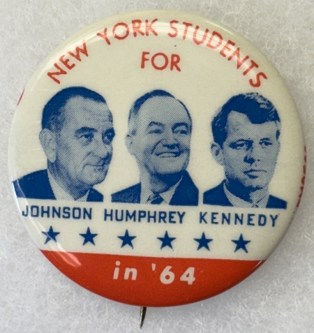 New Store Items 1964 1 3/4″ JOHNSON-HUMPHREY-BOBBY KENNEDY TRIGATE BUTTON, “NY STUDENTS”-MINT!