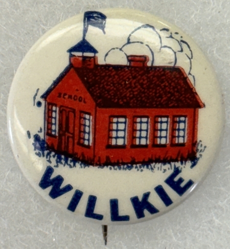 New Store Items 1940 WILLKIE 1″ CELLO CAMPAIGN BUTTON W/ SCHOOL HOUSE, POPULAR, SCARCE & MINT!