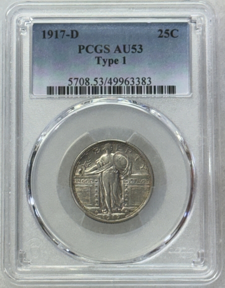 New Certified Coins 1917-D STANDING LIBERTY QUARTER, TYPE 1 – PCGS AU-53, LUSTROUS YET ORIGINAL!