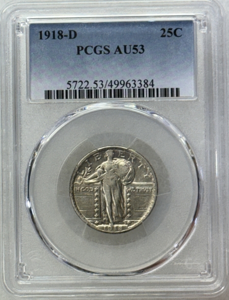 New Certified Coins 1918-D STANDING LIBERTY QUARTER – PCGS AU-53, FLASHY & LOOKS BETTER!