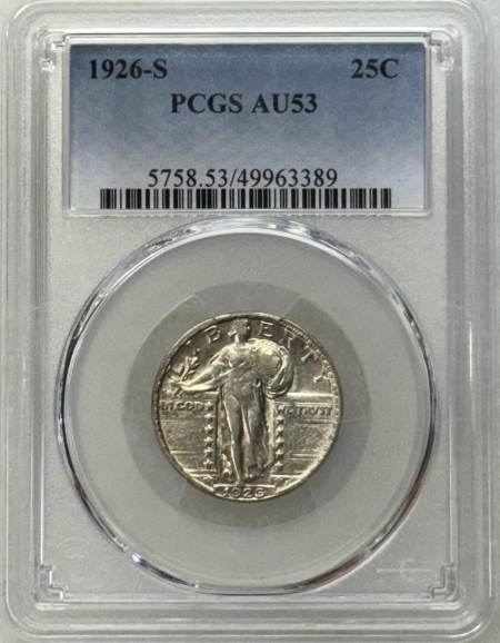 New Certified Coins 1926-S STANDING LIBERTY QUARTER – PCGS AU-53, TOUGH DATE, LUSTROUS, LOOKS BETTER