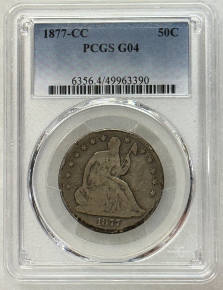 Liberty Seated Halves 1877-CC SEATED LIBERTY HALF DOLLAR – PCGS G-4, NICE ORIGINAL CARSON CITY!