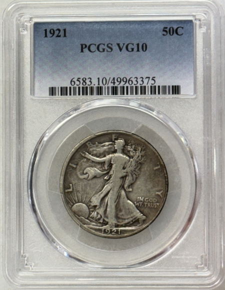 New Certified Coins 1921 WALKING LIBERTY HALF DOLLAR – PCGS VG-10, NICE KEY-DATE, LOOKS BETTER!