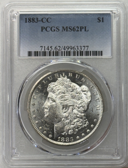 Morgan Dollars 1883-CC $1 MORGAN DOLLAR – PCGS MS-62 PL, CARSON CITY! BLACK & WHITE, DEEP REV!