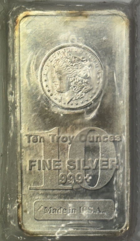 Bullion 10 TROY OZ .999+ STRUCK SILVER BAR, MORGAN DOLLAR STYLE, UNC & SEALED IN PLASTIC