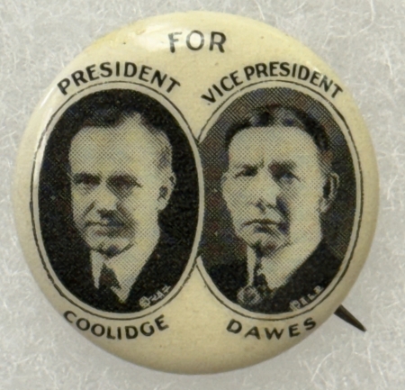 New Store Items 1924 CALVIN COOLIDGE-DAWES 7/8″ CELLO JUGATE – MINT & SCARCE!