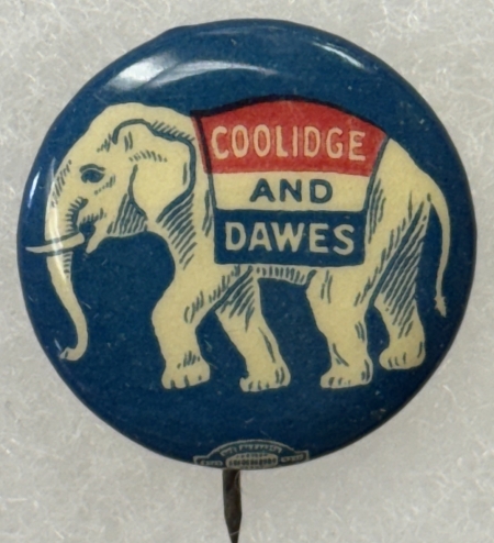 New Store Items 1924 CALVIN COOLIDGE-DAWES 7/8″ CELLO, ELEPHANT – CLASSIC & MINT!