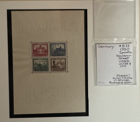 New Store Items GERMANY #B-33 1930 IPOSTA SOUVENIR SHEET, USED, OG-NH, MICHAEL CAT-1600 euros!