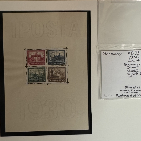 Stamps & Philatelic Items GERMANY #B-33 1930 IPOSTA SOUVENIR SHEET, USED, OG-NH, MICHAEL CAT-1600 euros!