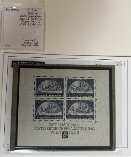 New Store Items AUSTRIA 1933 RARE #50g WIPA SOUVENIR SHEET-GRANITE PAPER B-111, MOG, ORIG FOLDER