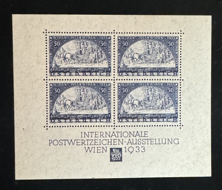 New Store Items AUSTRIA 1933 RARE #50g WIPA SOUVENIR SHEET-GRANITE PAPER B-111, MOG, ORIG FOLDER