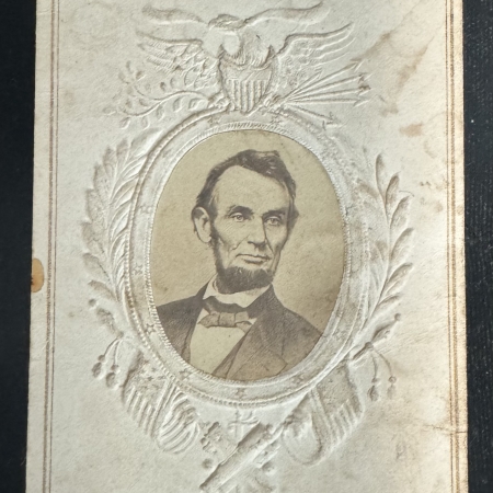 New Store Items 1864 ABRAHAM LINCOLN CARTE DE VISTE PAT. EAGLE/SHIELD/CANNONS/FLAGS EMBOSSED VG+