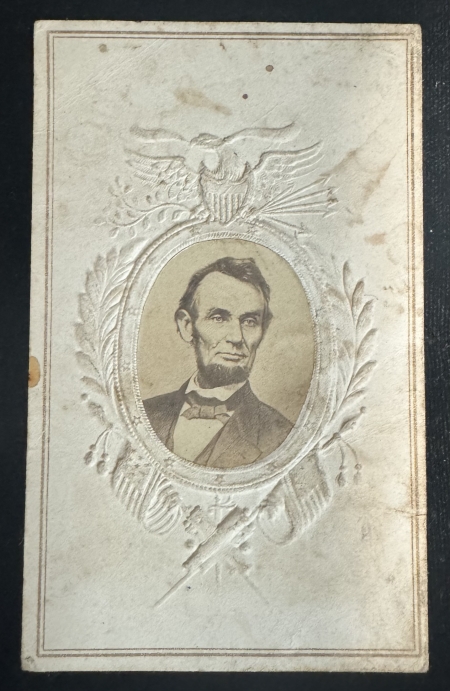 New Store Items 1864 ABRAHAM LINCOLN CARTE DE VISTE PAT. EAGLE/SHIELD/CANNONS/FLAGS EMBOSSED VG+