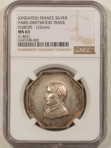 Exonumia UNDATED FRANCE SILVER JETON, PARIS DRIFTWOOD TRADE, DUBOIS 33MM NGC MS-63 PRETTY