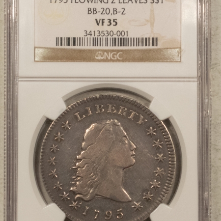 Early Dollars 1795 FLOWING HAIR 2 LEAVES DOLLAR, BB-20, B-2 NGC VF-35 EVENLY STRUCK, PLEASING!