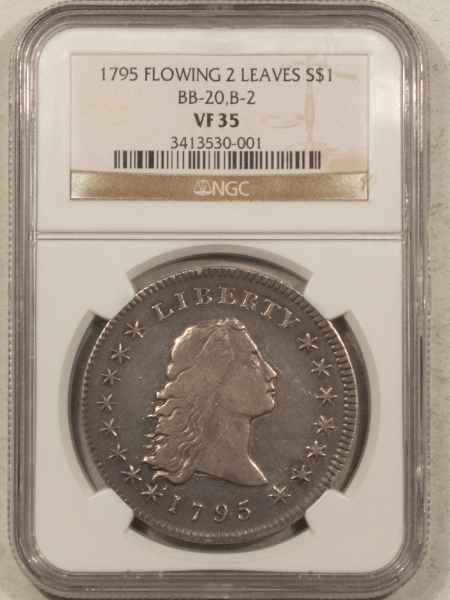 Early Dollars 1795 FLOWING HAIR 2 LEAVES DOLLAR, BB-20, B-2 NGC VF-35 EVENLY STRUCK, PLEASING!