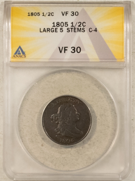 Draped Bust Half Cents 1805 LARGE 5 STEMS C-4 DRAPED BUST HALF CENT – ANACS VF-30