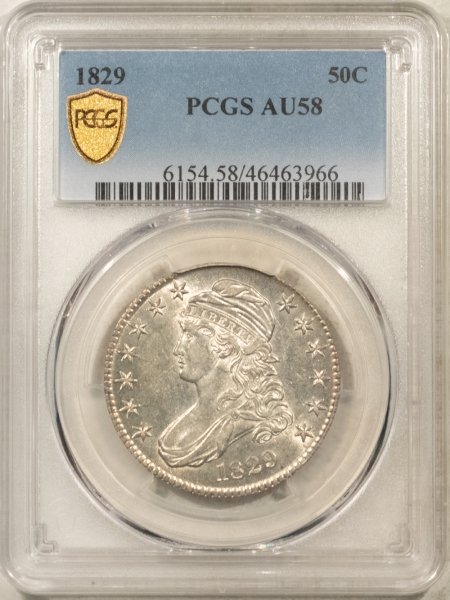 Early Halves 1829 CAPPED BUST HALF DOLLAR – PCGS AU-58, FLASHY!