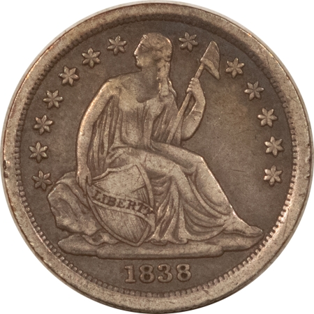 Liberty Seated Dimes 1838 SEATED LIBERTY DIME, NO DRAPERY, LARGE STARS – CIRCULATED, NICE DETAIL!