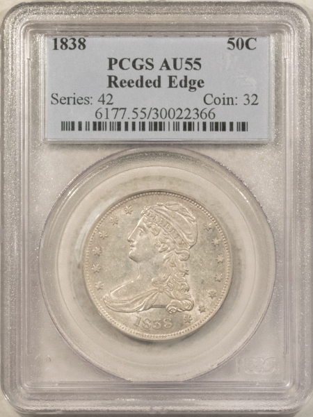 Early Halves 1838 CAPPED BUST HALF DOLLAR, REEDED EDGE – PCGS AU-55, LUSTROUS HIGH GRADE