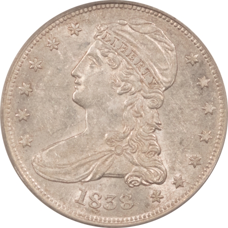 Early Halves 1838 CAPPED BUST HALF DOLLAR, REEDED EDGE – PCGS AU-55, LUSTROUS HIGH GRADE