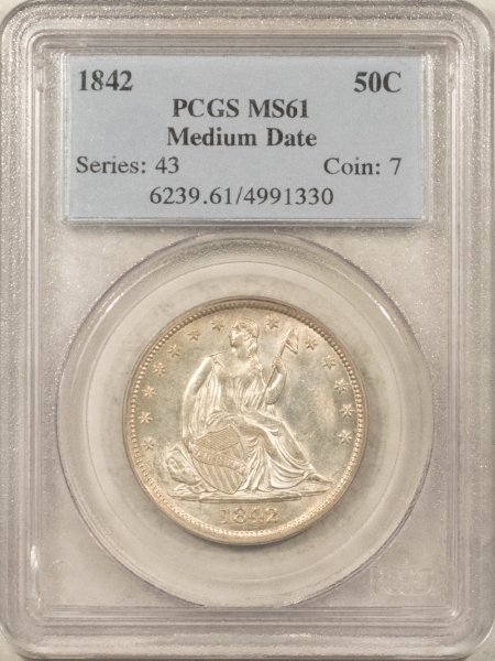 Liberty Seated Halves 1842 SEATED LIBERTY HALF DOLLAR, MEDIUM DATE – PCGS MS-61, PREMIUM QUALITY!