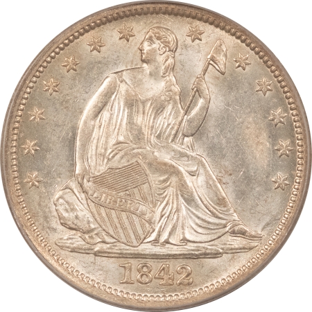 Liberty Seated Halves 1842 SEATED LIBERTY HALF DOLLAR, MEDIUM DATE – PCGS MS-61, PREMIUM QUALITY!