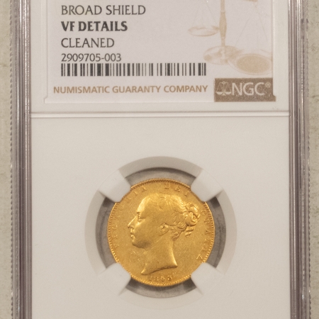 New Store Items 1843 GREAT BRITAIN 1 SOVEREIGN, BROAD SHIELD, KM# 736.1 – NGC VF DETAILS CLEANED