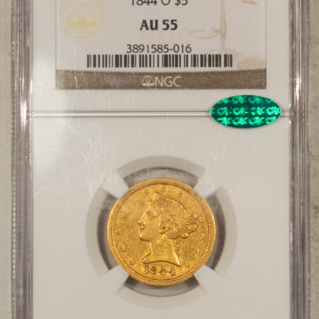 $5 1844-O $5 LIBERTY GOLD HALF EAGLE – NGC AU-55, SCARCE, PREMIUM QUALITY, CAC!