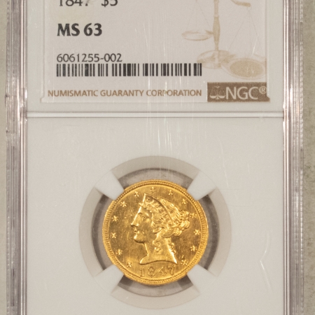 $5 1847 $5 LIBERTY GOLD HALF EAGLE – NGC MS-63, FLASHY!