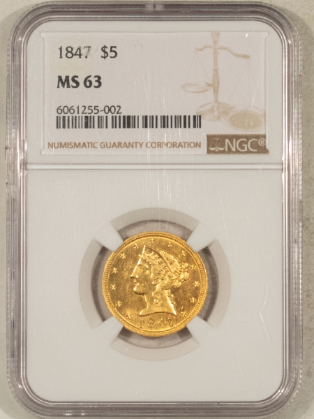 $5 1847 $5 LIBERTY GOLD HALF EAGLE – NGC MS-63, FLASHY!