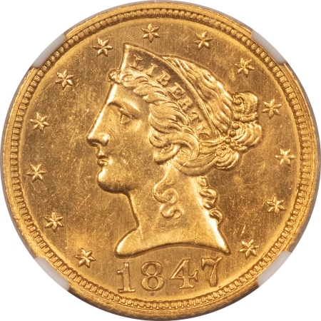 $5 1847 $5 LIBERTY GOLD HALF EAGLE – NGC MS-63, FLASHY!