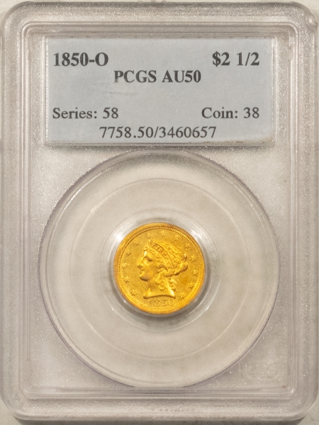 $2.50 1850-O $2.50 LIBERTY GOLD QUARTER EAGLE – PCGS AU-50, FLASHY & SCARCE!