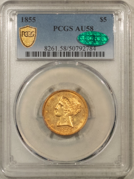 $5 1855 $5 LIBERTY GOLD HALF EAGLE, NO MOTTO – PCGS AU-58, PQ+ & CAC APPROVED!